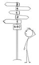 Vector Cartoon Illustration of Man Standing on Crossroad Solving 1 plus 1 or One Plus One Calculation Without Good