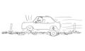 Vector Cartoon Illustration of Driver Driving Car on Very Bad Road With Asphalt Full of Potholes