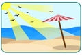 Vector cartoon style background of sea shore. Good sunny day. Deck chair and beach umbrella on the sand coast. Royalty Free Stock Photo