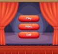 Vector cartoon style buttons with text for game design on theater scene with curtains background