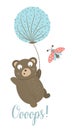 Vector cartoon style hand drawn flat bear flying on dandelion with ladybug. Funny scene with falling down Teddy. Cute illustration