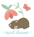 Vector cartoon style hand drawn flat bear sleeping under the flower with butterfly. Funny scene with a Teddy. Cute illustration of Royalty Free Stock Photo
