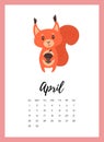 April 2018 year calendar page