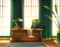 Vector cartoon style illustration. Cabinet or working desk, writer wooden table with paper, books and green lamp. Old
