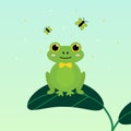 Vector cartoon style illustration with cute frog character sitting on a green leaf and watching butterflies Royalty Free Stock Photo