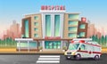 Vector cartoon style illustration of hospital building with ambulance car in front of it with behind city view Royalty Free Stock Photo