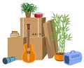 Vector cartoon style illustration of paper boxes with various things from home. The family moved to a new house. Concept