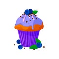 Vector cartoon style illustration of sweet cupcake. Delicious sweet dessert decorated with creme, chocolate and blueberry. Muffin