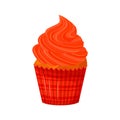 Vector cartoon style illustration of sweet cupcake. Delicious sweet dessert decorated with red creme. Muffin isolated