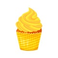 Vector cartoon style illustration of sweet cupcake. Delicious sweet dessert decorated with yellow creme. Muffin isolated