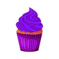 Vector cartoon style illustration of sweet cupcake. Delicious sweet dessert decorated with purple creme