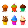 Vector cartoon style illustration of sweet cupcakes. Delicious sweet desserts decorated with creme and sprinkles. Set