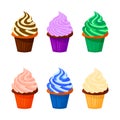 Vector cartoon style illustration of sweet cupcakes. Delicious sweet desserts decorated with colored creme. Set. Muffins Royalty Free Stock Photo