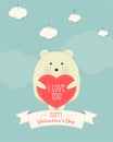 Vector cartoon style illustration of Valentine`s day romantic gift card with cute white bear holding heart in his hands Royalty Free Stock Photo