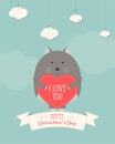 Vector cartoon style illustration of Valentine`s day romantic gift card with cute wolf holding heart in his hands. Be My