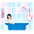 Vector cartoon style illustration of woman taking a bath full of soap foam. Relaxing girl in bathroom. Bathroom interior