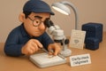 Vector cartoon-style jeweler inspecting gemstone ring under microscope for clarity and alignment in quality control and Royalty Free Stock Photo