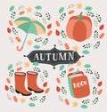 Vector cartoon style set of autumn symbols: fox, pumpkin, yellow boots and others. Icon for web. Isolated on white background. Royalty Free Stock Photo