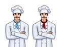 Vector cartoon style set of a two handsome young men in cook uniform.