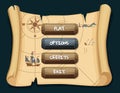 Vector cartoon style stone enabled and disabled buttons with text for game design on treasure map scroll background