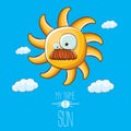 Vector funky cartoon style summer sun character on blue sky background. My name is sun concept illustration. funky kids Royalty Free Stock Photo