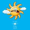 Vector funky cartoon style summer sun character on blue sky background. My name is sun concept illustration. funky kids Royalty Free Stock Photo