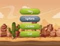 Vector cartoon style wavy enabled and disabled buttons with text for game design on orange rocks, sky and cactus desert Royalty Free Stock Photo