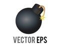 Vector cartoon styled black bomb icon, depicted as black ball with burning fuse