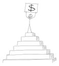 Vector Cartoon of Successful Man or Businessman Celebrating Financial Success on the Peak of the Pyramid Holding Dollar Royalty Free Stock Photo