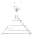 Vector Cartoon of Successful Woman or Businesswoman Celebrating Success on the Peak of the Pyramid Holding Empty Sign in Royalty Free Stock Photo