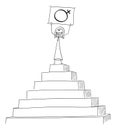 Vector Cartoon of Successful Woman Celebrating Success on the Peak of the Pyramid Holding Female Sex Symbol in Hands
