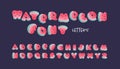 Vector cartoon summer fruit font. Alphabet with cute watermelon letters carved from slices of watermelon with seeds and small Royalty Free Stock Photo