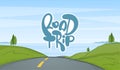 Vector Cartoon Summer road landscape with hand drawn lettering composition of Road Trip Royalty Free Stock Photo