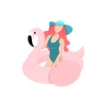 Vector cartoon summer time fun beach girl with pink flamingo Royalty Free Stock Photo