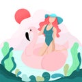 Vector cartoon summer time fun beach girl with pink flamingo Royalty Free Stock Photo