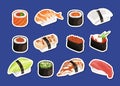 Vector cartoon sushi stickers set isolated