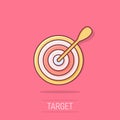 Vector cartoon target aim icon in comic style. Darts game illustration pictogram. Dartboard sport target business splash effect