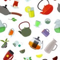 Vector cartoon tea kettles and cups pattern or background illustration Royalty Free Stock Photo