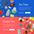 Vector cartoon tea kettles and cups web banner templates illustration