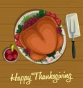 Vector cartoon thanksgiving dish roasted turkey top view at wooden table Royalty Free Stock Photo