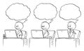 Vector Cartoon of Three Businessmen Working or Typing on Computers in Office and Thinking with Empty Speech Bubbles