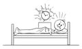 Vector Cartoon Of Tired Man Lying In Bed And Woken By Alarm Clock In The Early Morning