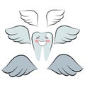 Vector cartoon tooth with cute wing, tooth care concept. Vector illustration