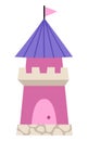 Vector cartoon tower. Fantasy world castle part icon with purple roof and flag. Fairy tale princess house illustration isolated on