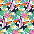 Vector cartoon tropical seamless pattern with toucan, jungle flo