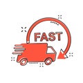 Vector cartoon truck, car icon in comic style. Fast delivery service shipping sign illustration pictogram. Car van business Royalty Free Stock Photo