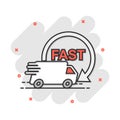 Vector cartoon truck, car icon in comic style. Fast delivery service shipping sign illustration pictogram. Car van business splash Royalty Free Stock Photo