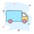 Vector cartoon truck, car icon in comic style. Fast delivery service shipping sign illustration pictogram. Car van business splash Royalty Free Stock Photo