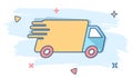 Vector cartoon truck, car icon in comic style. Fast delivery service shipping sign illustration pictogram. Car van business splash Royalty Free Stock Photo