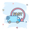 Vector cartoon truck, car icon in comic style. Fast delivery service shipping sign illustration pictogram. Car van business splash Royalty Free Stock Photo